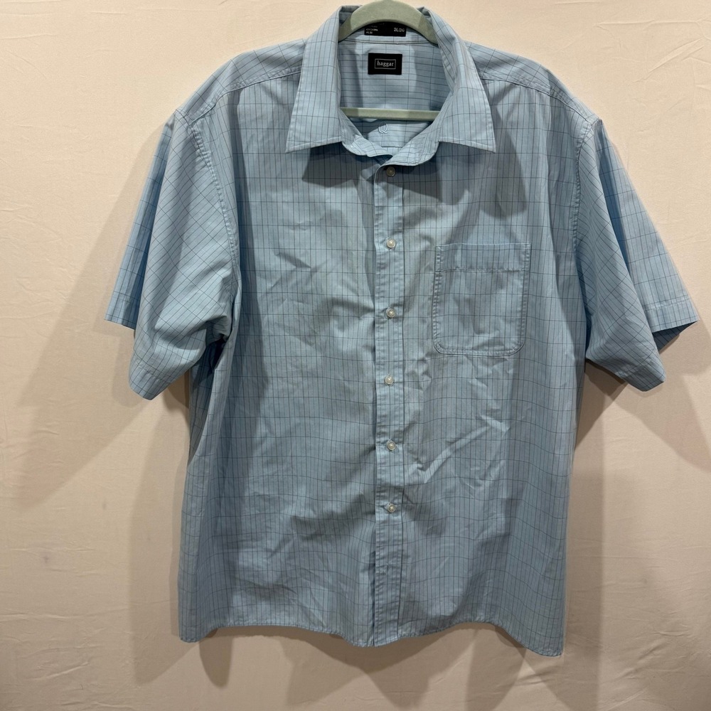 Haggar Mens 2XL Light Blue Windowpane Grid Short Sleeve Cotton Button Down Shirt